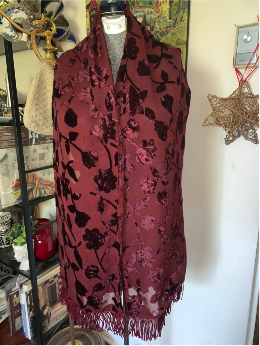 Women's Unbranded Floral Velvet Burnout Scarf One Size Burgundy